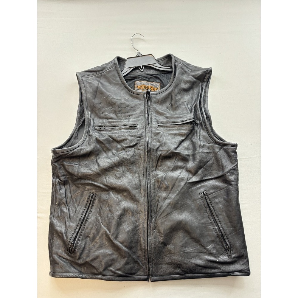 UNIK Mens XL Black Leather Motorcycle Biker Vest Sleeveless Zip Front Jacket